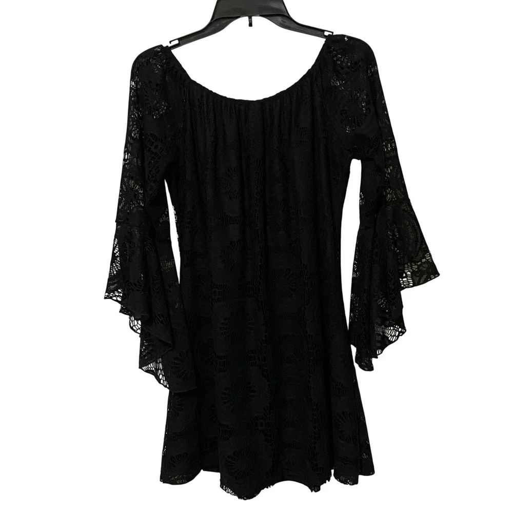 Black‎ Lace Boho Gypsy Bell Sleeve Mini Dress L Dark Feminine Romantic Made USA
